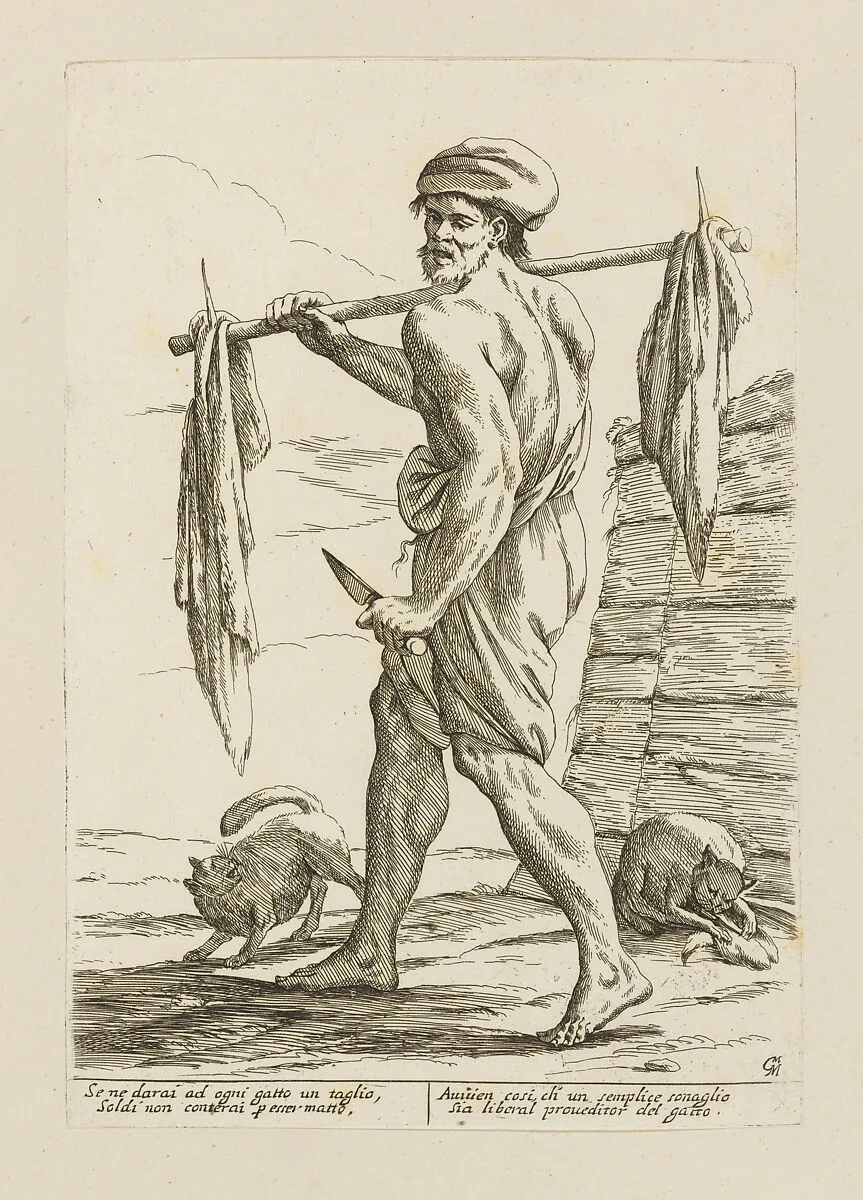 Butcher with Two Cats, from Di Bologna l'Arti per via D'An.ibal' Ca.rac, plate 16 — Giuseppe Maria Mitelli|Annibale Carracci|Giovanni Giacomo De Rossi