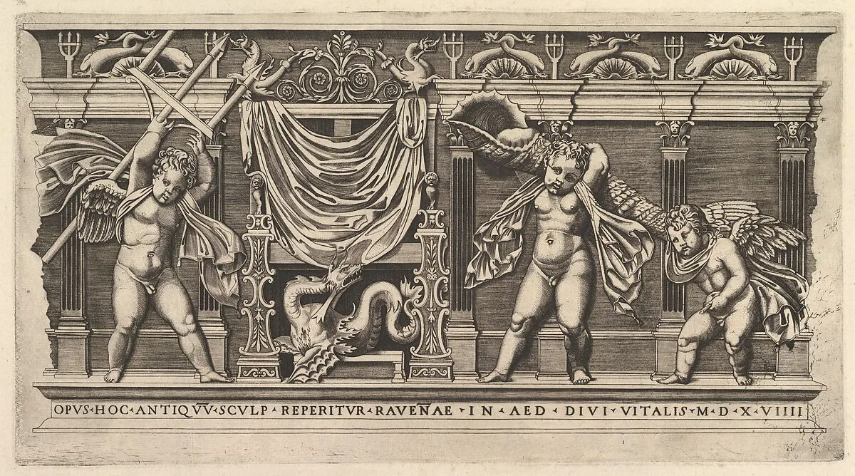 Speculum Romanae Magnificentiae: Bas-Relief with Three Cupids — Marco Dente|Raphael (Raffaello Sanzio or Santi)
