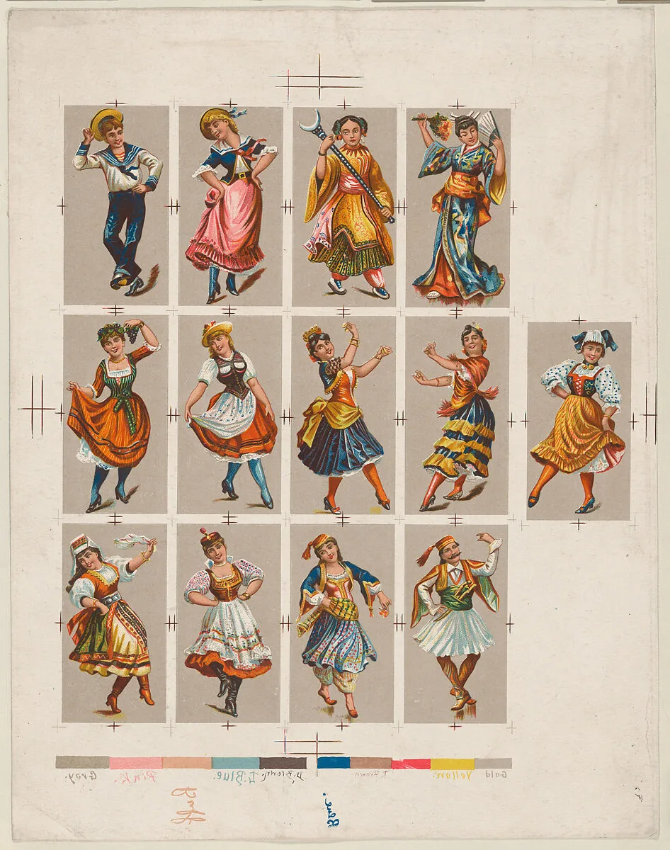 Printing proof of cards, from National Dances (N225, Type 2) issued by Kinney Bros. — Kinney Brothers Tobacco Company