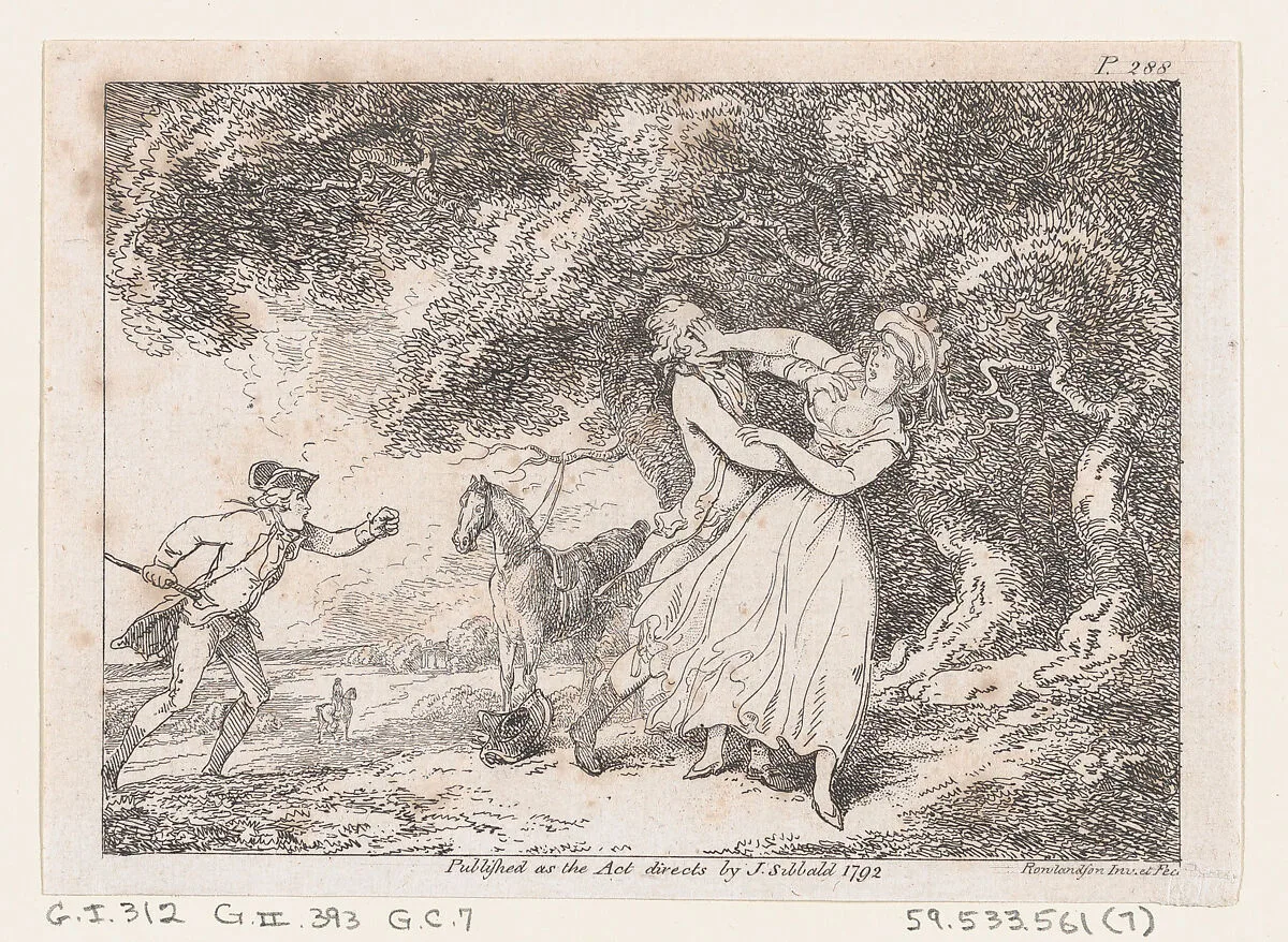 Joseph Hastens to Rescue Fanny from Imminent Danger, from "The Adventures of Joseph Andrews, and his friend Mr. Abraham Adams" — Henry Fielding|James Sibbald|Thomas Rowlandson
