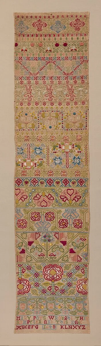 Embroidered band sampler — Mary Pots