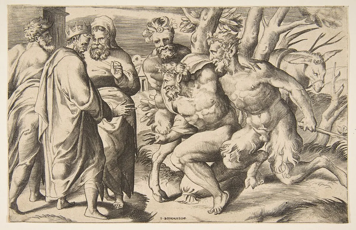 Two satyrs brining Silenus King Midas standing at the left — Giulio Bonasone