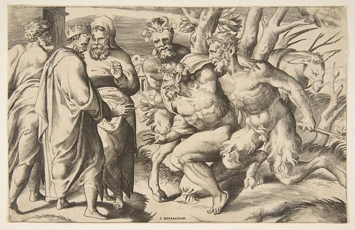 Two satyrs brining Silenus King Midas standing at the left