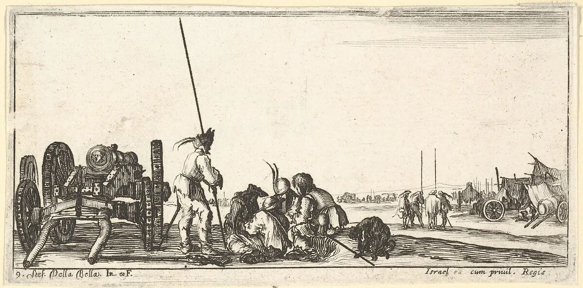 Plate 9: a chariot carrying a cannon to left, soldiers in center playing cards, from 'Troops, cannons, and attacks on towns' (Dessins de quelques conduites de troupes, canons, et ataques de villes) — Stefano della Bella|Israël Henriet