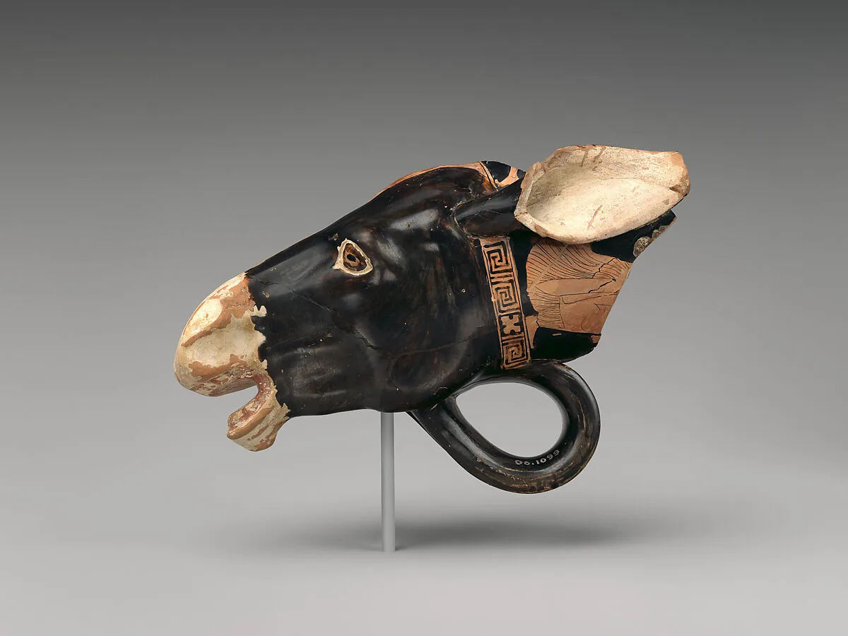 Fragmentary terracotta rhyton (vase for libations or drinking) — Sotades Painter