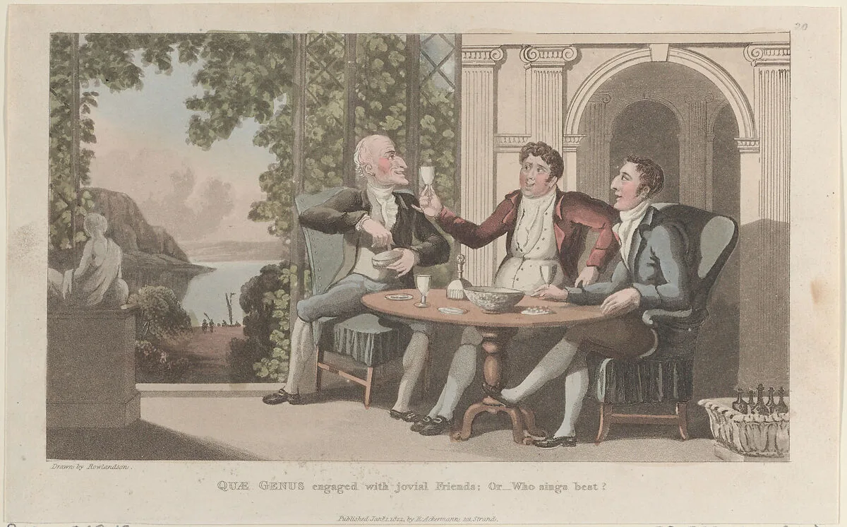 Quae Genus Engaged with Jovial Friends; Or–Who Sings Best? — J. Diggens|Rudolph Ackermann, London|Thomas Rowlandson|William Combe