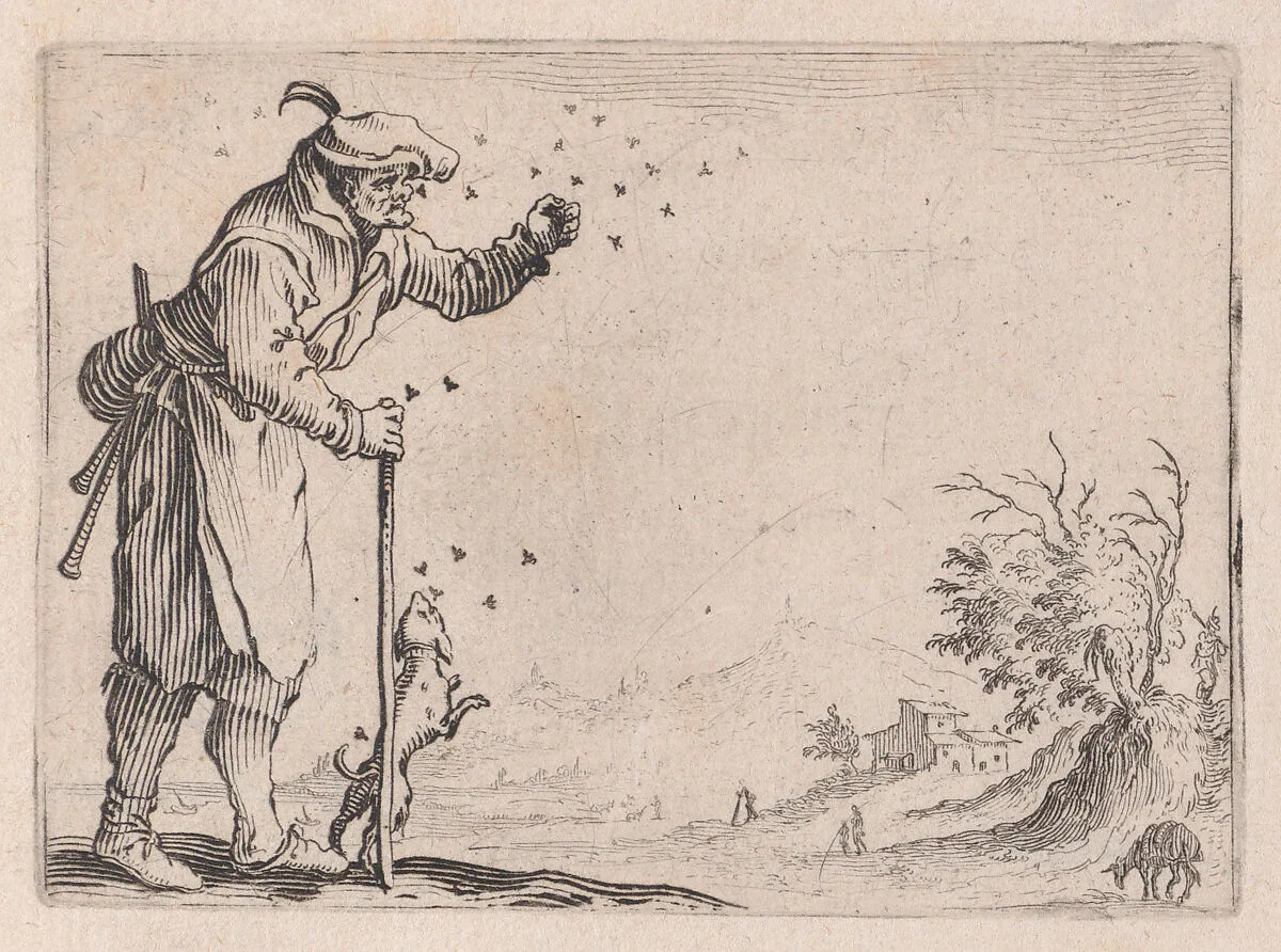 Le Paysan Assailli par les Abeilles (The Peasant Attacked by Bees), from Les Caprices Series B, The Nancy Set — Jacques Callot|Lorenzo de' Medici