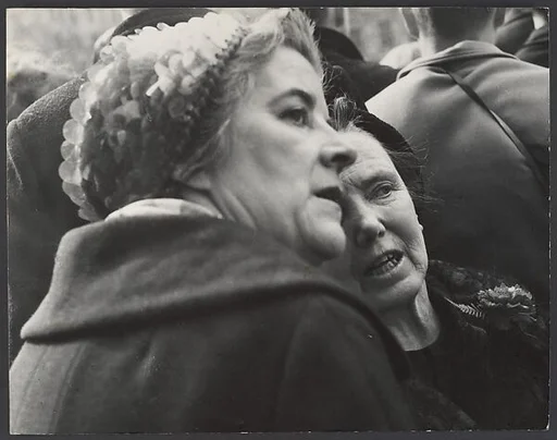 [Two Women in Hats, Conversing on Crowded Street, New York City]