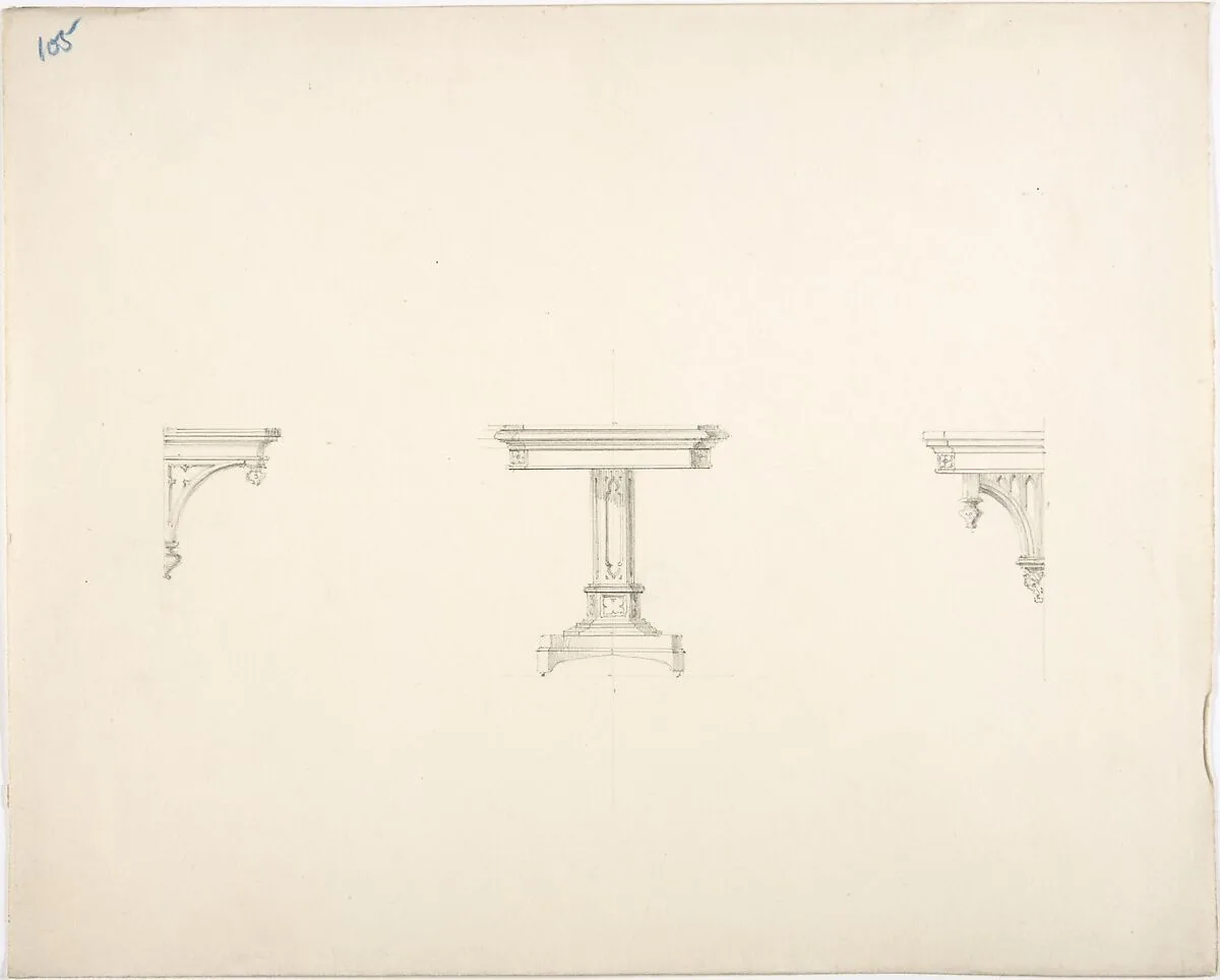 Design for a Small Gothic Pedestal Table and Two Brackets — Anonymous, British, 19th century