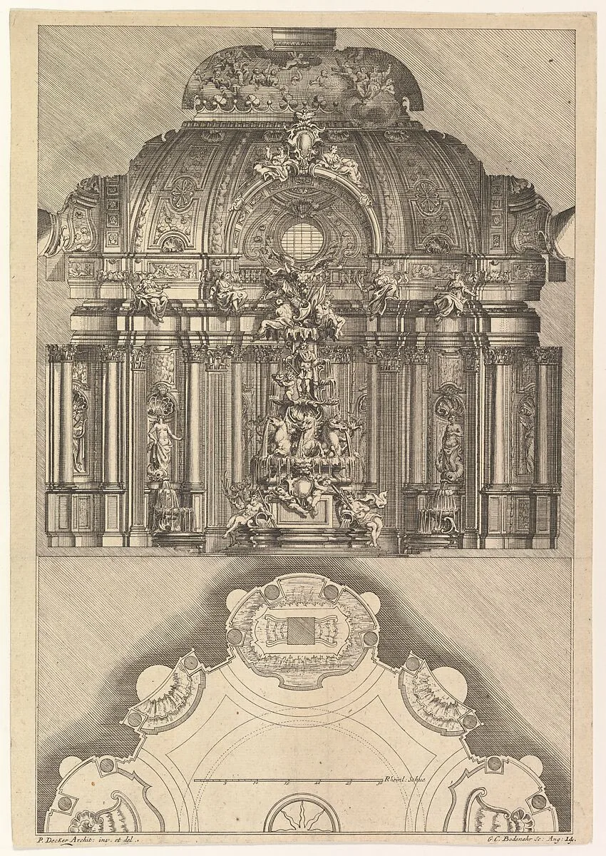 Cross-section and Floorplan of an Indoor Grotto — Paul Decker the Younger|Gabriel Bodenehr