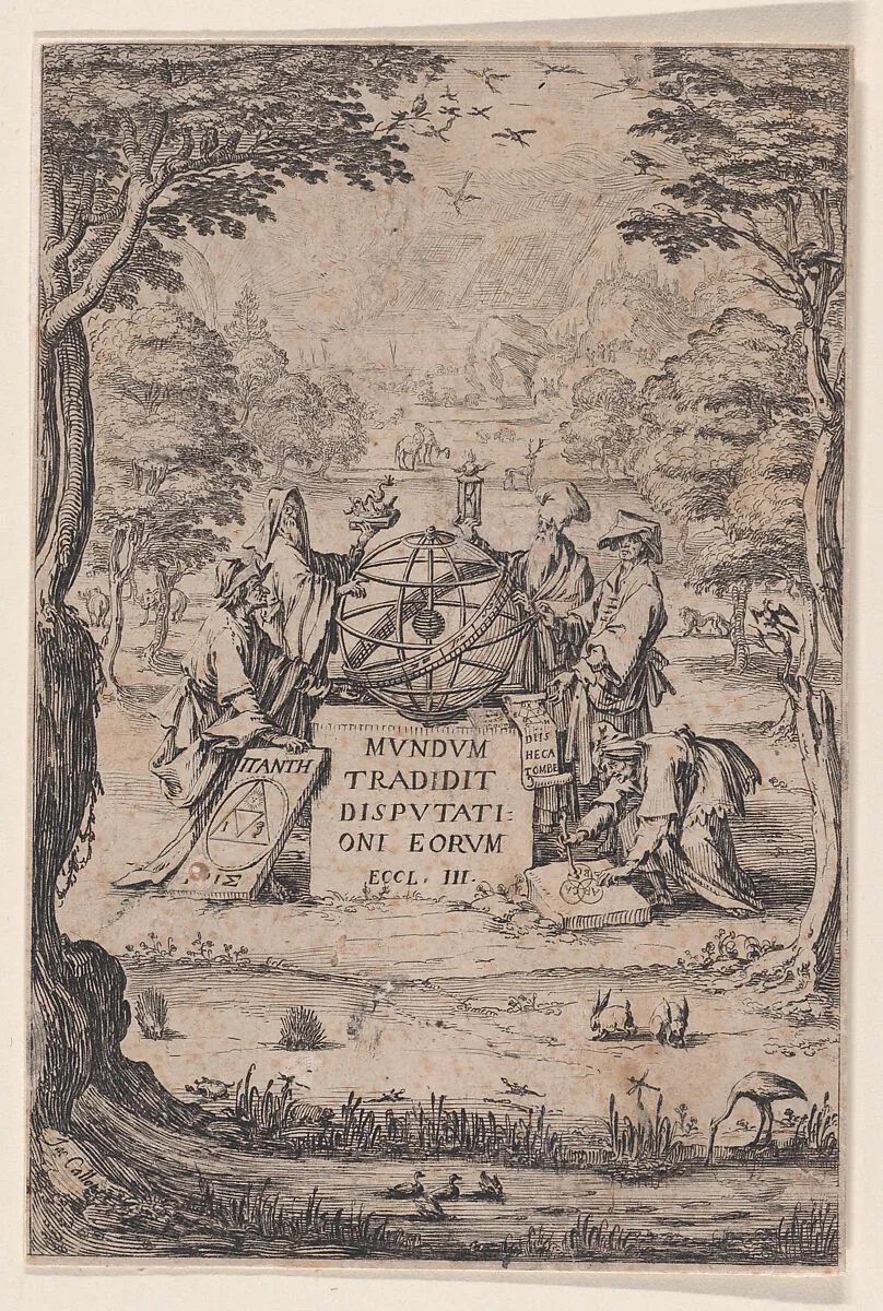 Frontispiece, from "Sacra Cosmologia, pièce appelée aussi Le Titre aux Astrologues" (Sacra Cosmologia, also called The Title Page for The Astrologers) — Jacques Callot
