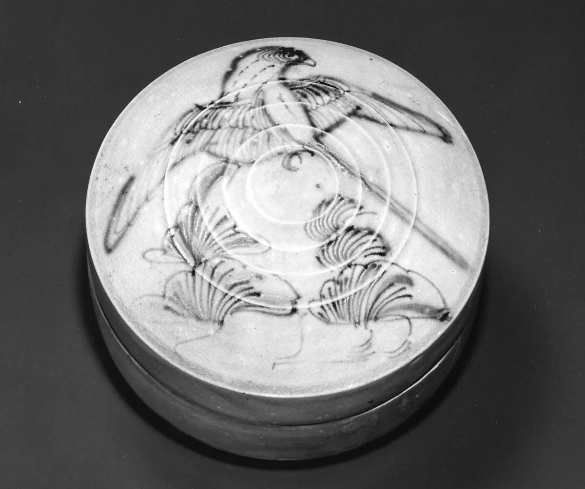 唐 長沙窯釉下彩花鳥紋盒|Circular box — Unknown