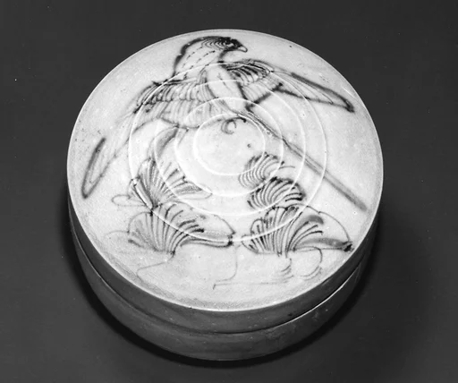 唐 長沙窯釉下彩花鳥紋盒|Circular box