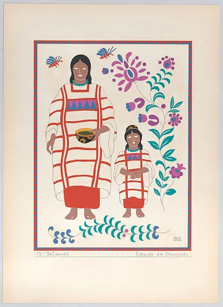 Plate 15: a woman and child from the state of Oaxaca, from 'Trajes regionales mexicanos' (regional Mexican dress) — Editorial Atlante|Carlos Mérida