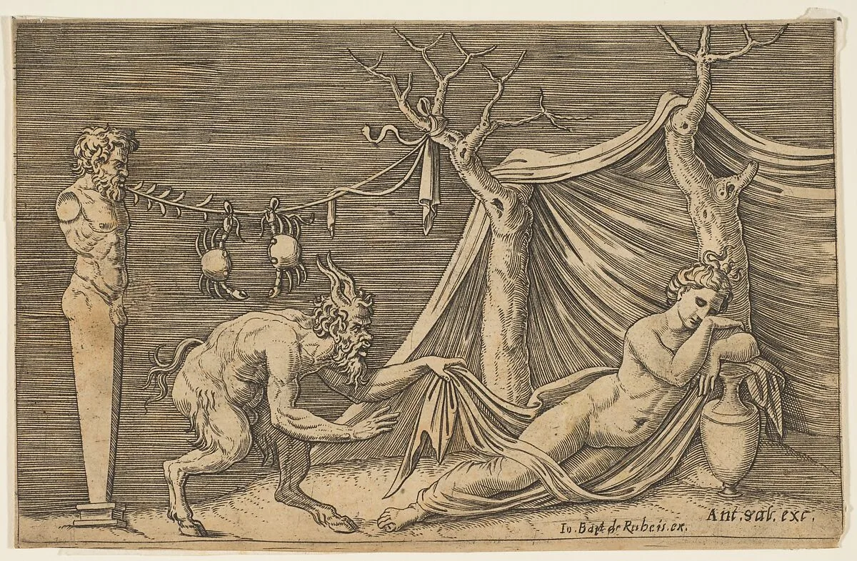 A satyr discovering a sleeping woman; two crabs hanging from a rope which is strung between a term and a tree — Marco Dente|Antonio Salamanca|Giovanni Giacomo De Rossi