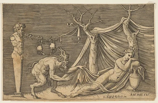 A satyr discovering a sleeping woman; two crabs hanging from a rope which is strung between a term and a tree