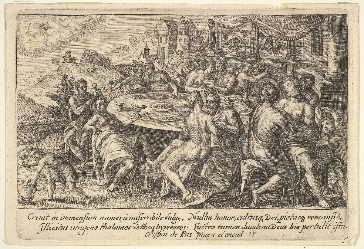 Mankind surrendering to lechery before the Flood: embracing couples on benches around a table with food and drink, from "Liber Genesis" — Crispijn de Passe the Elder