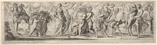 Composition of figures between a Pan herm and a sculpted bust: at left putti carry grapevines, at center a satyr supports Silenus upon a leopard skin, at right a satyr shoes a donkey, from a series of twelve frieze-like designs showing bacchanals, sacrifices, and dances