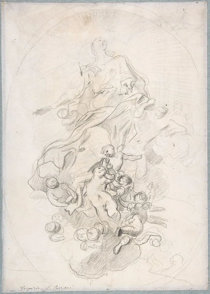 The Assumption of the Virgin (recto); Architectural Notations (verso) — Lorenzo de' Ferrari