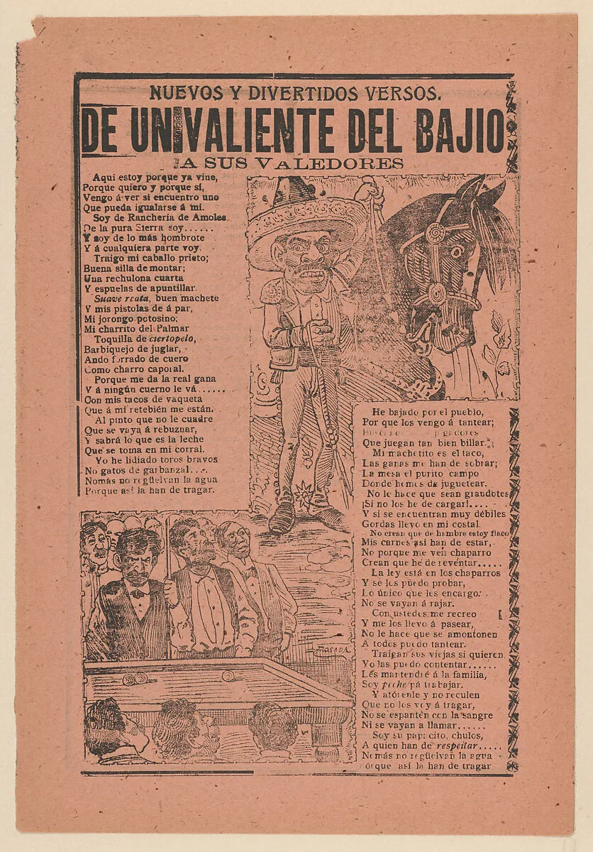 Broadsheet with new and entertaining verses about a 'Brave Man from the Heartland to His Friends' a caricature of a horseman and his horse and a group of men playing billiards — Antonio Vanegas Arroyo|José Guadalupe Posada