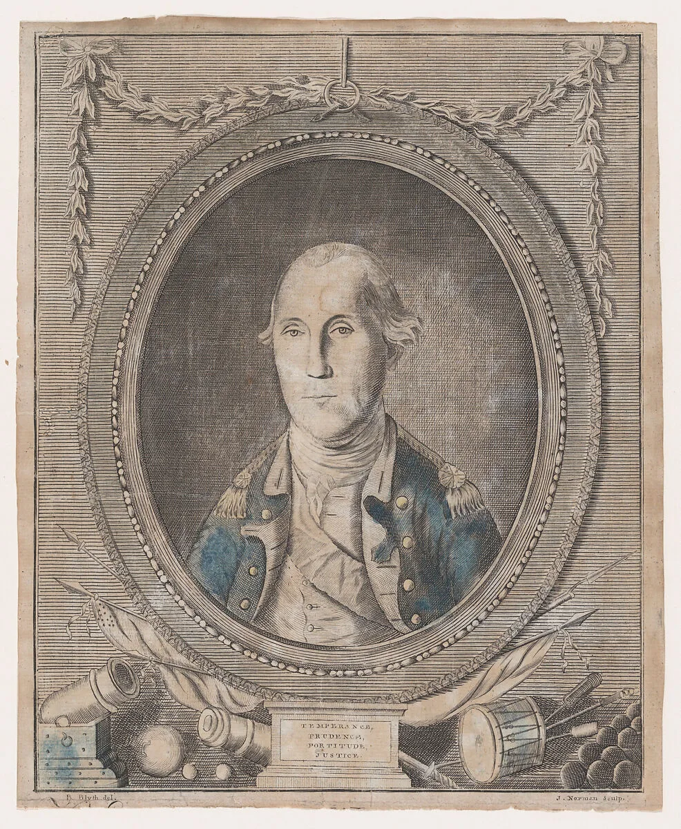 His Excellency George Washington, Esq-r., General and Commander in Chief of the Allied Armies, Supporting the Independence of America — Benjamin Blyth|John Coles, Sr.|John Norman|George Washington|Charles Willson Peale