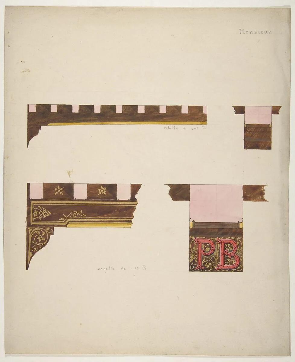 Designs for the painted decoration of ceiling timbers monogrammed "PB" — Jules-Edmond-Charles Lachaise|Eugène-Pierre Gourdet