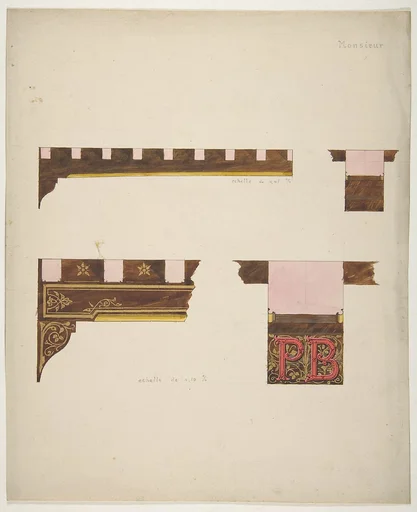 Designs for the painted decoration of ceiling timbers monogrammed "PB"