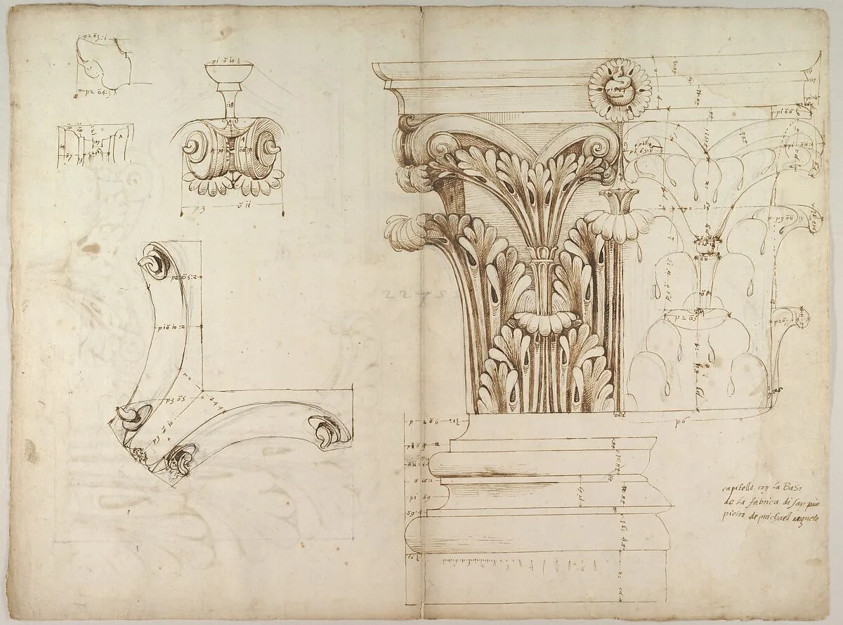 St. Peter's, Corinthian capital, elevation; base, elevation; volute, end elevation, profile, and view from below (recto) St. Peter's, Corinthian capital, acanthus leaf details and profiles of two cornice mouldings (verso) — Anonymous, French, 16th century