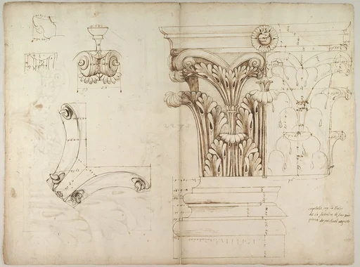 St. Peter's, Corinthian capital, elevation; base, elevation; volute, end elevation, profile, and view from below (recto) St. Peter's, Corinthian capital, acanthus leaf details and profiles of two cornice mouldings (verso)