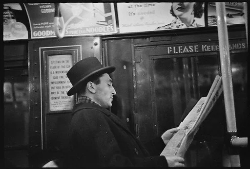 [Five 35mm Film Frames: Subway Passengers, New York City: Man, Woman Reading Newspaper, Women Beneath "Lex Ave Express" Sign, Two Women in Conversation Beneath "Broadway 7th Ave Express" Sign]