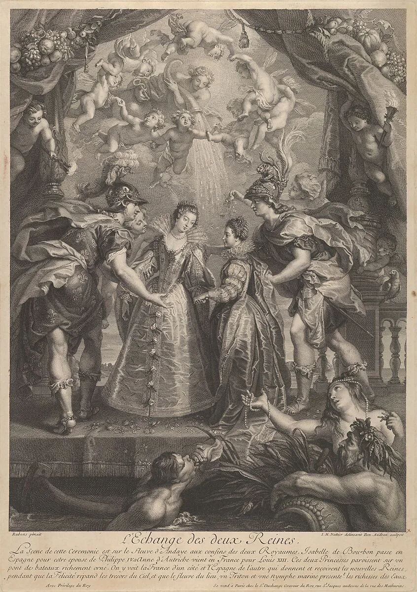 Plate 17: The exchange of the two princesses in Hendaye; allegorical scene with Anne of Austria and Elizabeth of Bourbon standing on a bridge holding hands from Recueil de la Galerie du Luxembourg — Jean Marc Nattier|Benoit Audran the Elder|Peter Paul Rubens|Gaspard Duchange