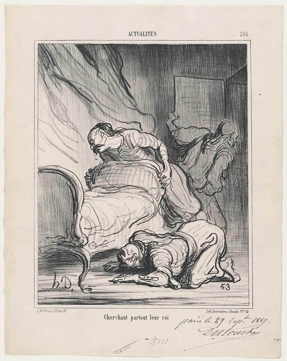 Looking everywhere for their king, from 'News of the day,' published in Le Charivari, October 4, 1867 — Destouches|Honoré Daumier|Arnaud de Vresse