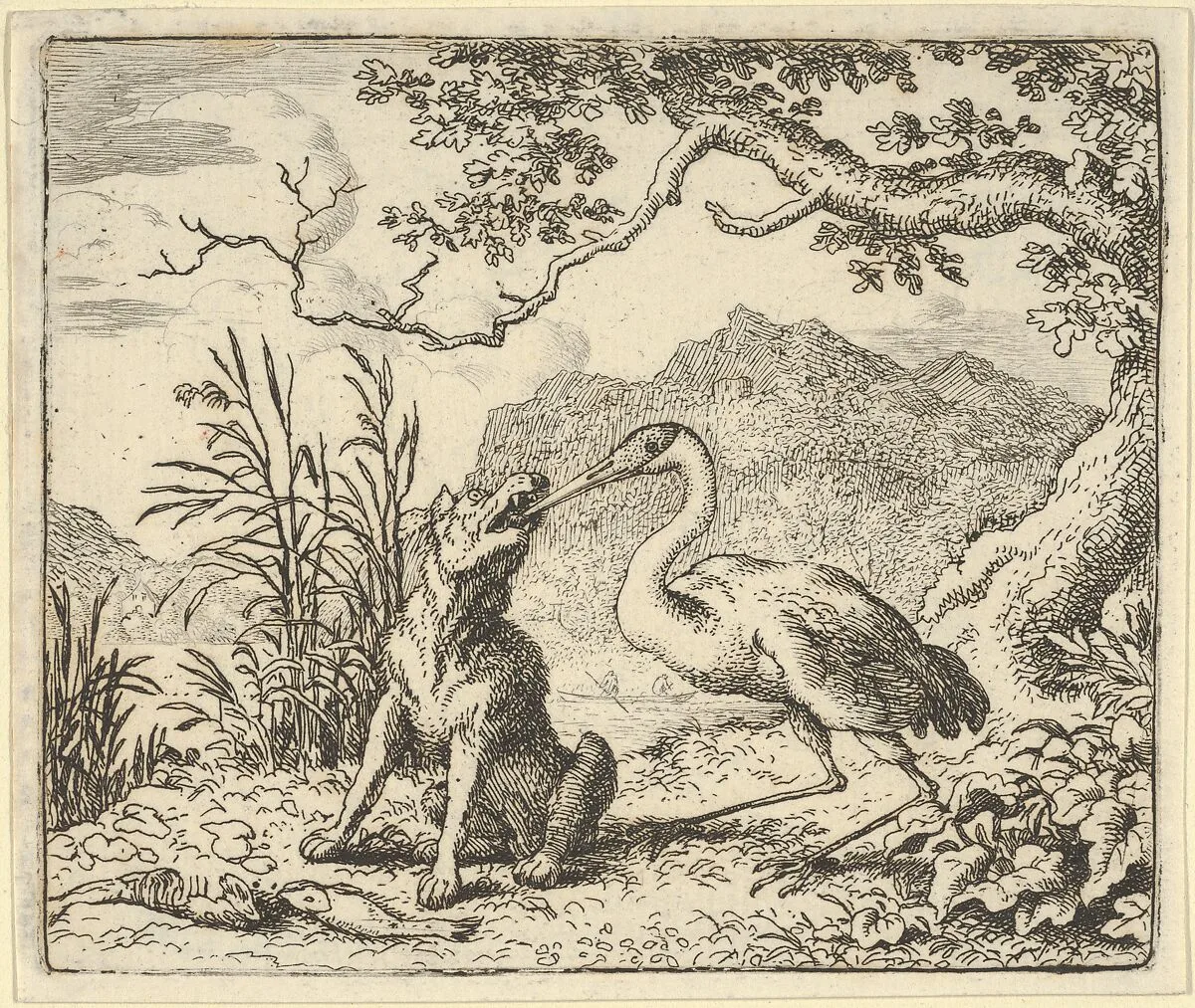 The Stork Removes a Bone from the Wolf's Throat from Hendrick van Alcmar's Renard The Fox — Allart van Everdingen