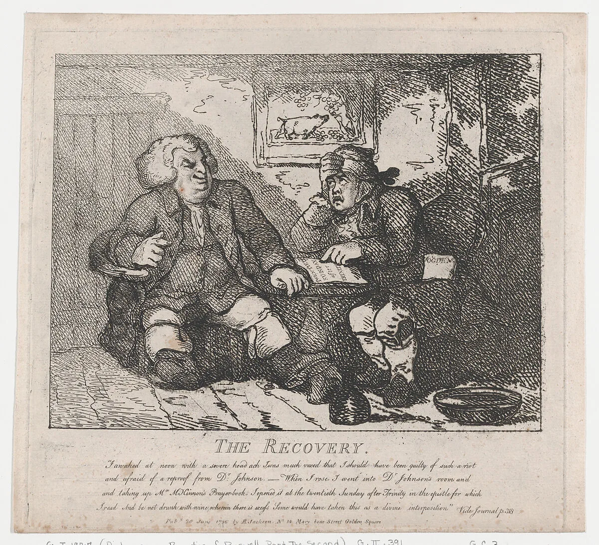 The Recovery (Picturesque Beauties of Boswell, Part the Second) — Thomas Rowlandson|Samuel Johnson|James Boswell|Elizabeth Jackson|Samuel Collings