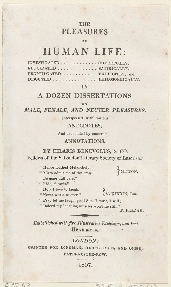 The Pleasures of Human Life: Title Page — John Britton|Thomas Rowlandson|Longman, Hurst, Rees and Orme