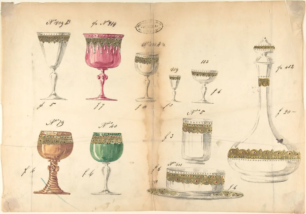 One of Twenty-Three Sheets of Drawings of Glassware (Mirrors, Chandeliers, Goblets, etc.) — Compagnia di Venezia e Murano