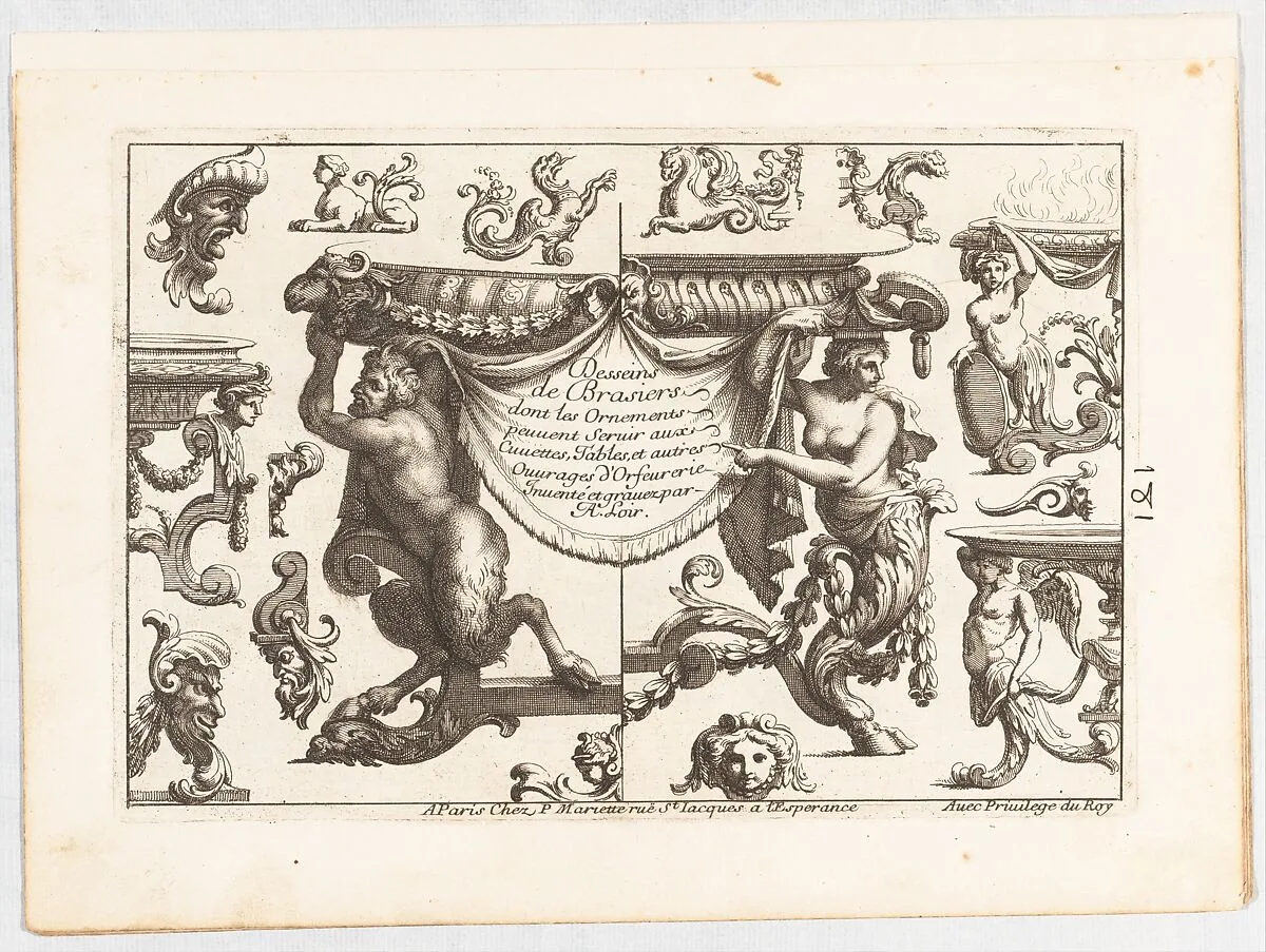 Desseins de Brasiers dont les Ornements peuuent Seruir aux Cuuettes, Tables, et autres Ouurages d'Orfeurerie, Plate 1 — Alexis Loir|Pierre Mariette le fils