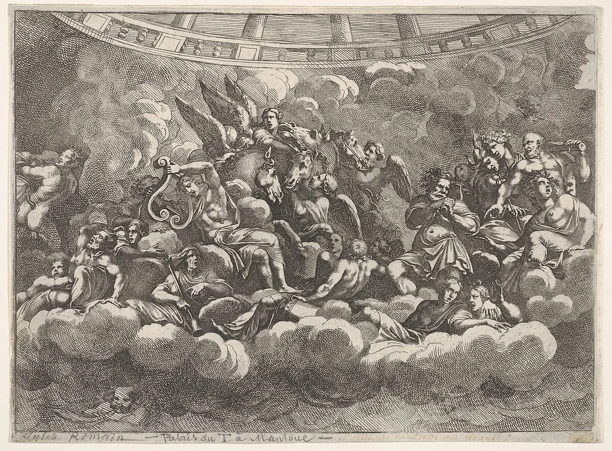 Gathering of various Olympian gods and mythological figures among clouds, Apollo at center with his lyre, Vulcan, Mercury, Hercules, and Hermes to right, various figures below, horses and attendants behind in center, from 'Giove che fulmina li giganti', after the frescoes on the ceiling of the Sala dei Giganti designed by Giulio Romano for the Palazzo del Te, Mantua — Pietro Santi Bartoli|Giulio Romano