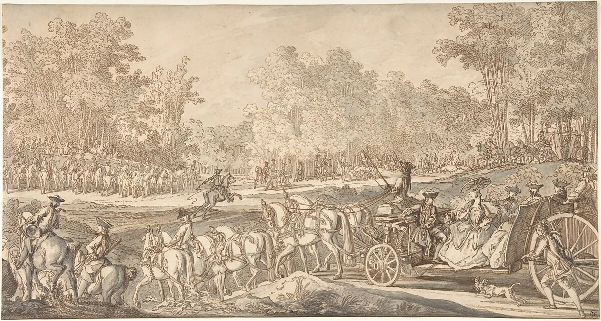 The Arrival of the Princely Carriage at the Starting Point of the Hunt — Johann Elias Ridinger