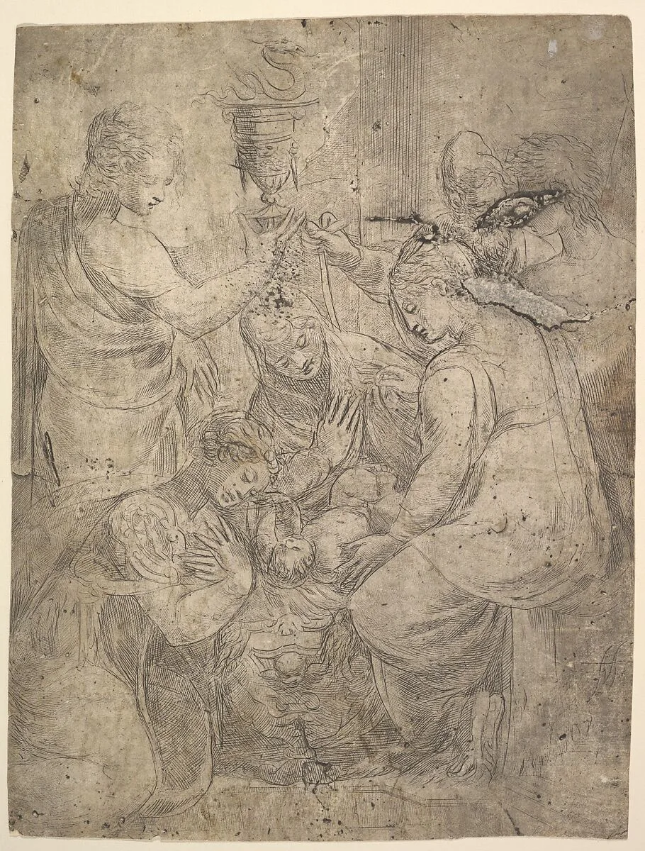 The Christ Child in the Cradle surrounded by adoring figures — Andrea Schiavone (Andrea Meldola)