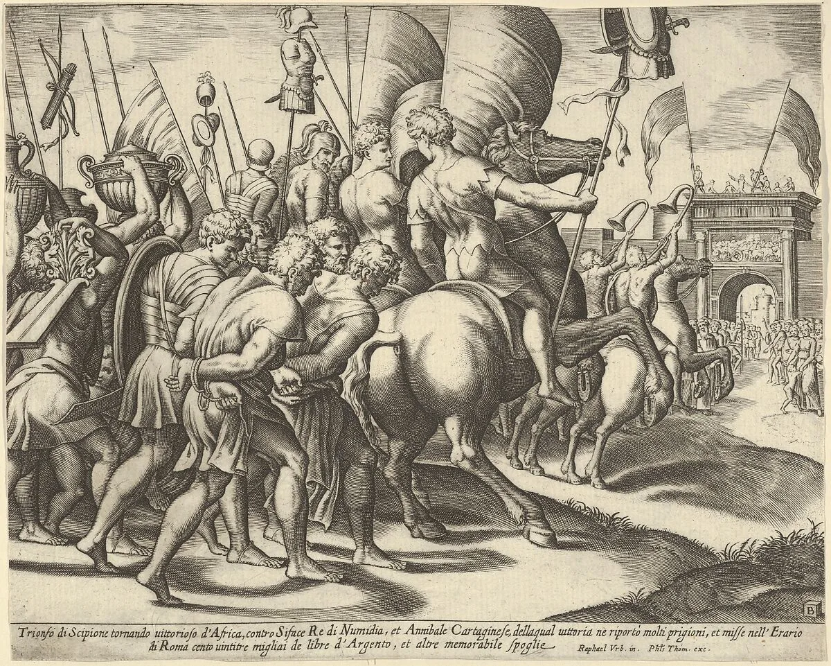 The Triumph of Scipio who rides on a horse followed by captured slaves — Master of the Die|Philippe Thomassin