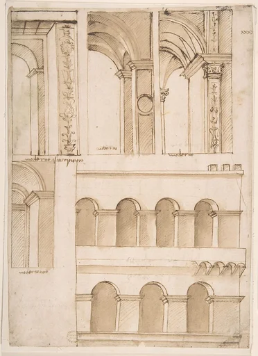 Architecture Study containing Details of One or Several Buildings (possibly part of the street-facing architecture of old Saint Peter's Square in Rome)