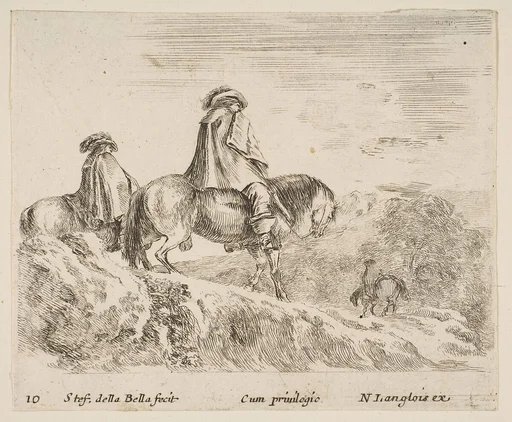 Two horsemen descending a mountain at left, another horseman to right in background, plate 10 from "Diversi capricci"