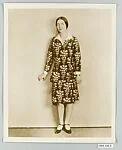 8 x 10 inch black and white photograph of model wearing dress made from Stehli Silks Americana Print collection.