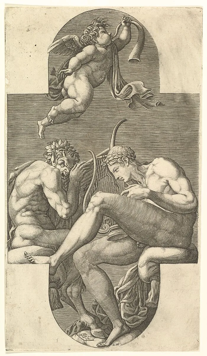 Apollo, Pan, and a Putto Blowing a Horn, a cruciform composition, from a series of eight compositions after Francesco Primaticcio's designs for the ceiling of the Gallery of Ulysses (destroyed 1738-39) at Fontainebleau — Giorgio Ghisi|Francesco Primaticcio