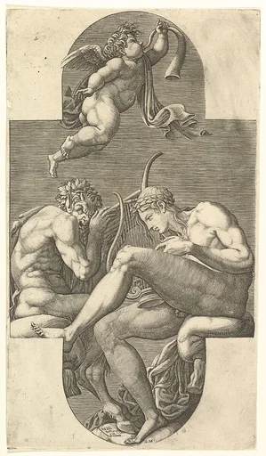 Apollo, Pan, and a Putto Blowing a Horn,  a cruciform composition, from a series of eight compositions after Francesco Primaticcio's designs for the ceiling of the Gallery of Ulysses (destroyed 1738-39) at Fontainebleau