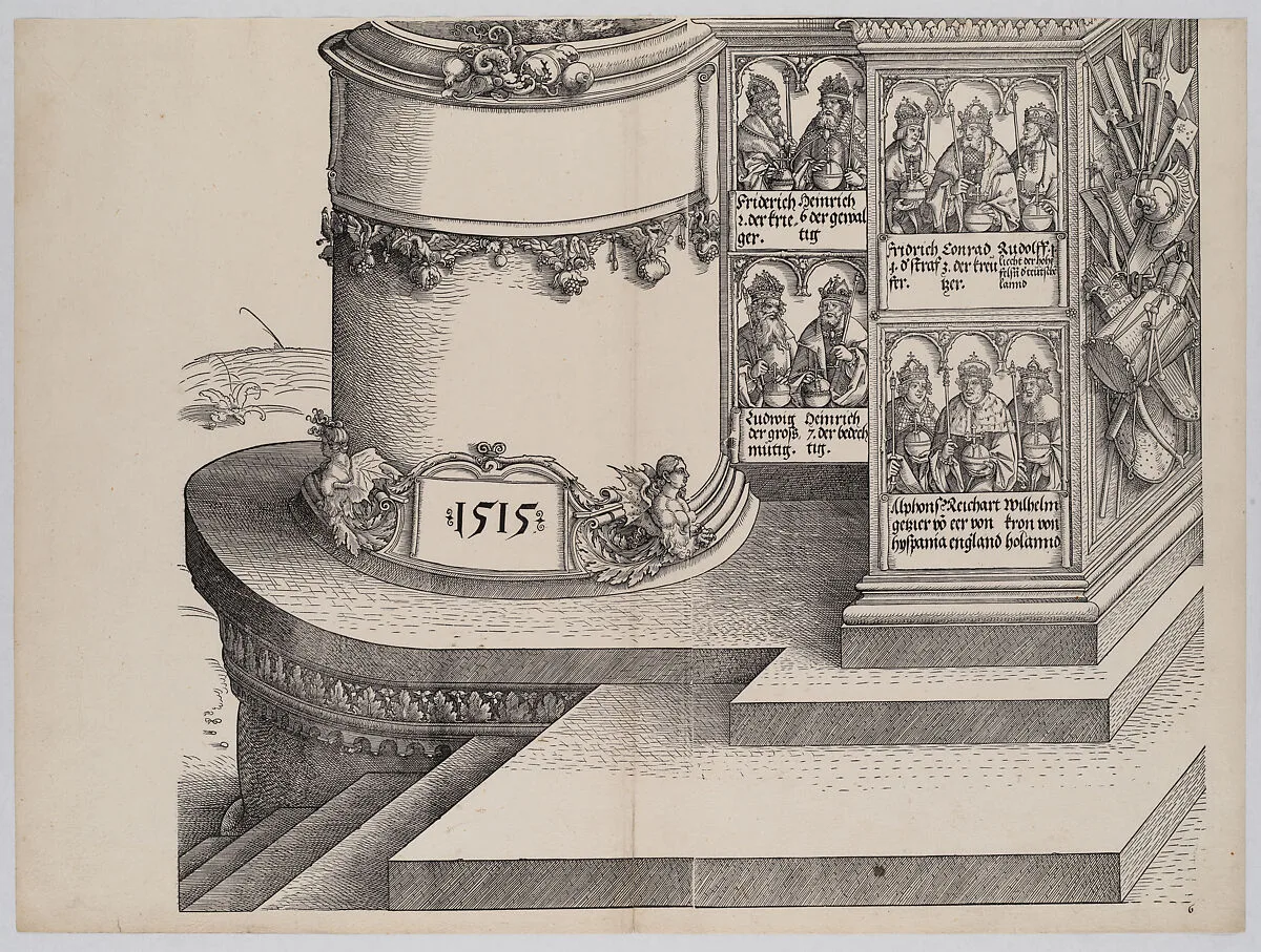 Portraits of Maximilian's Relatives; and the Base of the Left Outer Column with the Date 1515, from the Arch of Honor, proof, dated 1515, printed 1517-18 — Hieronymus Andreae|Albrecht Altdorfer|Hans Springinklee|Albrecht Dürer