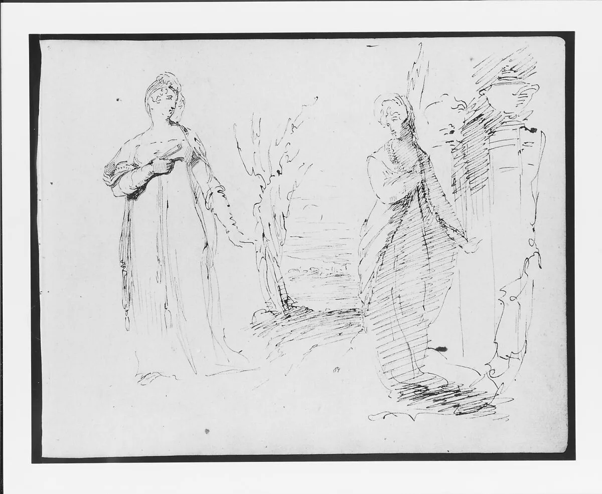 Two Standing Women Flanking an Opening onto a Landscape, Two Pedistals with Urns at Right (from Sketchbook) — Thomas Sully