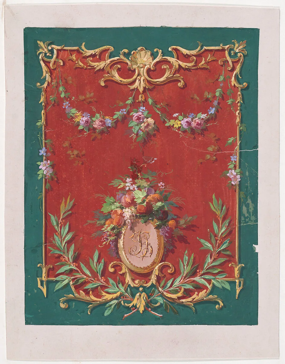 Design for a Panel or Wallpaper (?) with an Ornamental Frame with Scrolls and a Shell Decorated with Garlands and Bundles of Flowers and Fruits and a Monogrammed Oval Frame — Anonymous, French, 19th century