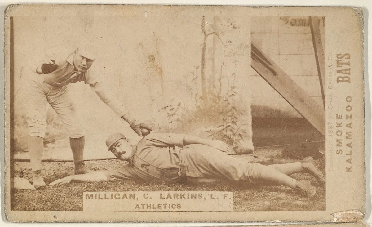 Milligan, Catcher and Larkins, Left Field, Athletics, from the Kalamazoo Bats series (N690) issued by Chas. Gross & Co. to promote Kalamazoo Bats — Chas. Gross & Co.
